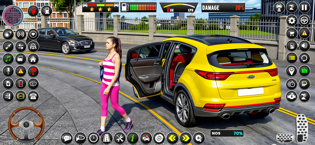 Driving School 3D : Car Games - Gameplay interface of Driving School 3D featuring a yellow SUV on a city road with driving controls and status bars