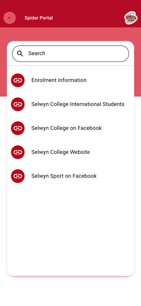 Spider Portal screen in the Selwyn College app displaying a search bar and a list of resource links for enrollment and social media.