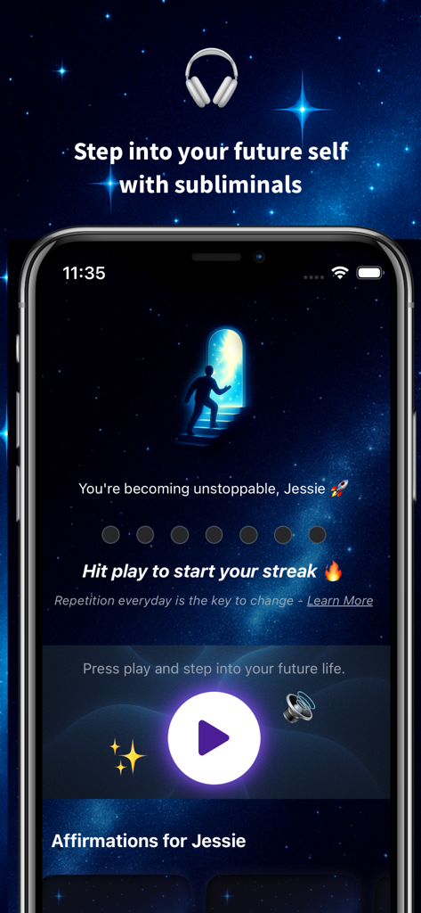 宇宙をテーマにした潜在意識オーディオプレーヤーを表示する、引き寄せの法則 MetaMorphアプリのインターフェース