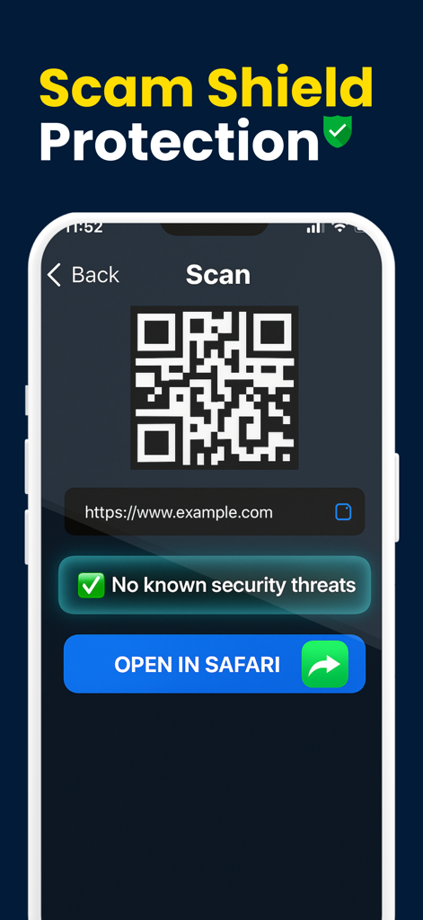 Interfaz de la aplicación Scan QR Code Now mostrando protección de escudo contra estafas y función de previsualización segura de enlaces