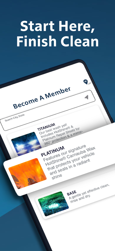 Mister Car Wash - Mister Car Wash app screen displaying Titanium, Platinum, and Base membership tiers.