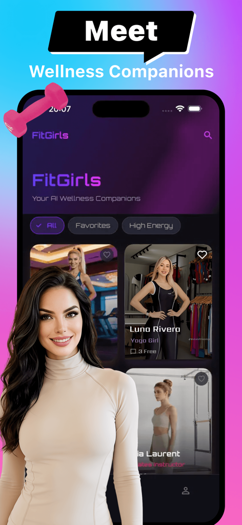 Fiti - Fit & Chat - Fiti app interface displaying various AI wellness companions for women's fitness chat.