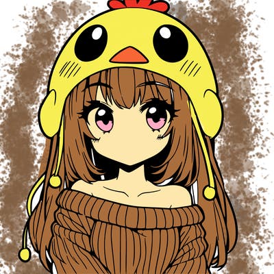 anime girl with chick shaped hat with sweater with bare shoulders with bangs covering them one eye with low tail