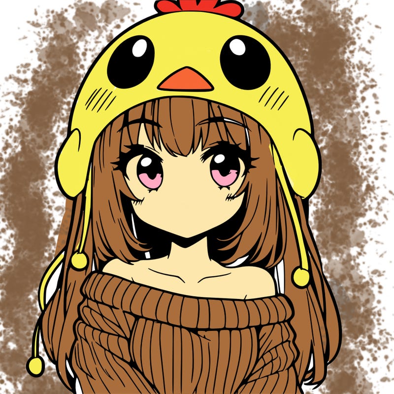 anime girl with chick shaped hat with sweater with bare shoulders with bangs covering them one eye with low tail