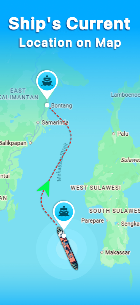 La aplicación Ship Tracker mostrando la ubicación en vivo de la embarcación y la ruta de navegación en un mapa