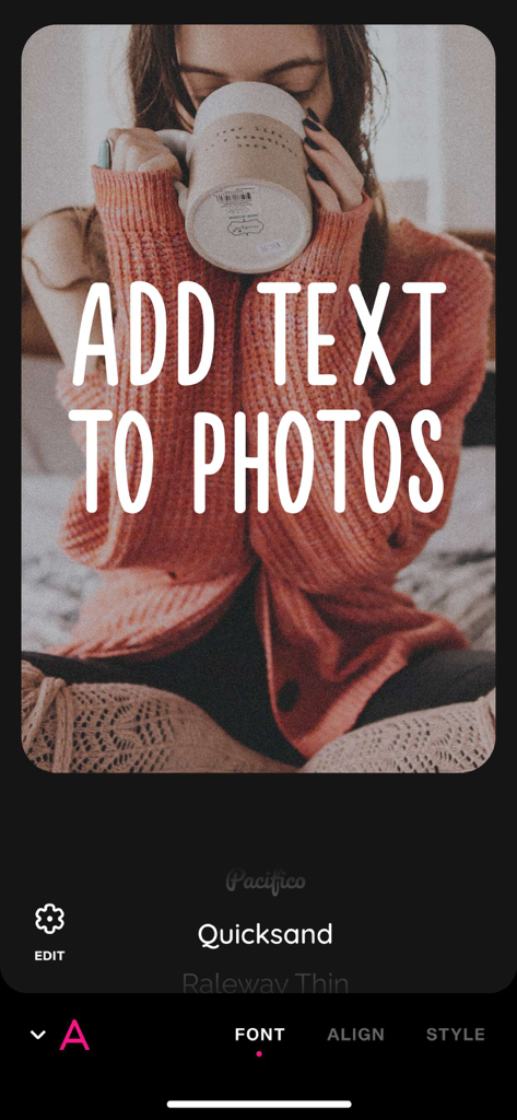 Interface de l'application Font Candy montrant une superposition de texte sur une photo avec des options de sélection de police