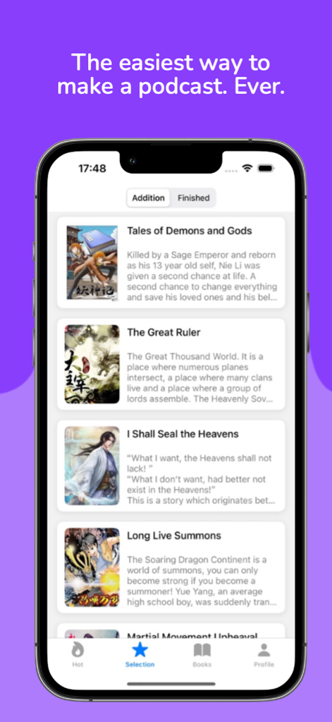 WebNovel - World of Novels - Mobile app interface showing a list of fantasy and wuxia novels like Tales of Demons and Gods and The Great Ruler