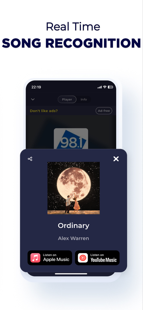 Una captura de pantalla de la aplicación Radio Canada que muestra su función de reconocimiento de canciones identificando una pista.