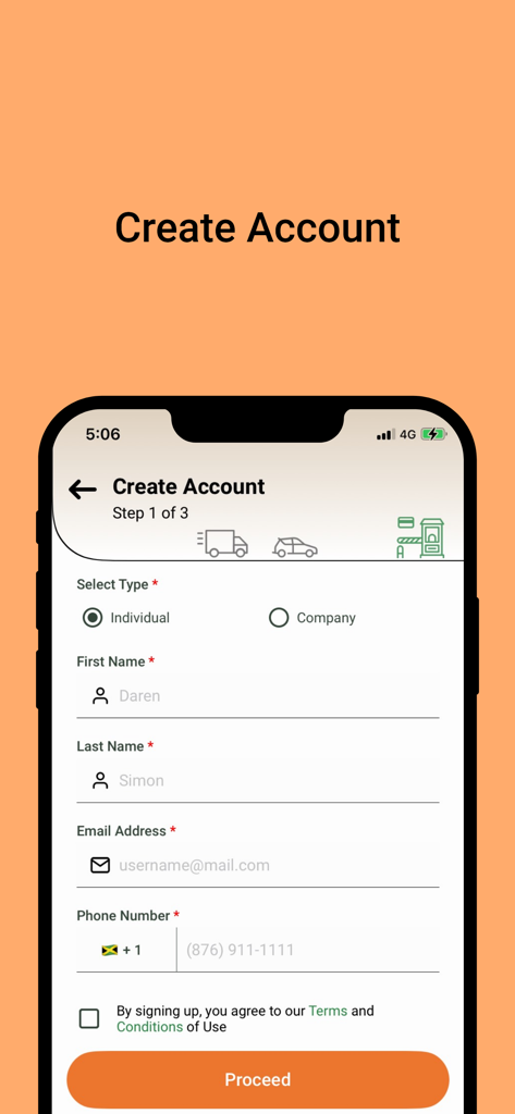 My T-tag - The account registration screen for the My T-tag app showing fields for name email and phone number