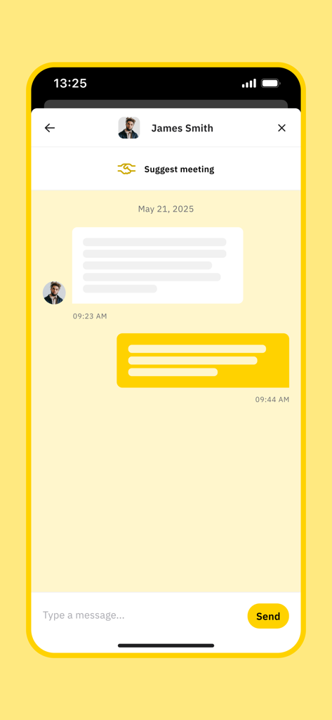 A mobile interface for the Consensus by CoinDesk app showing a messaging conversation and an option to suggest a meeting for professional networking.