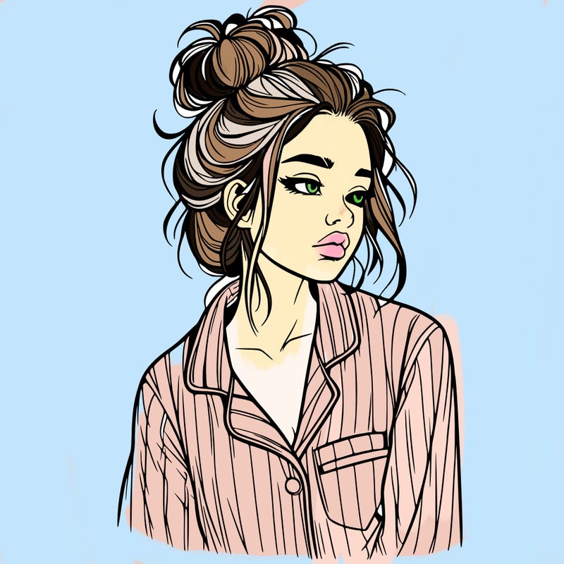 realistic woman with pajamas on and a messy bun