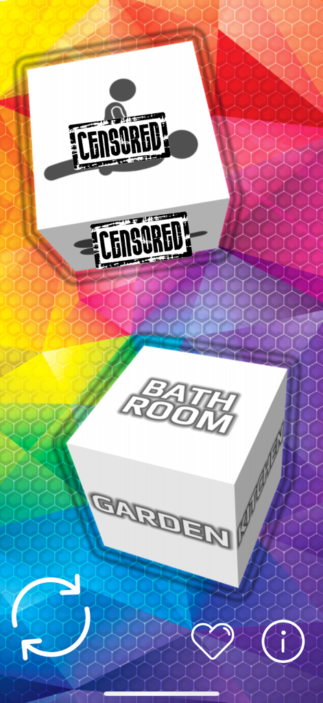 Sex Dice! - Sex Dice app interface featuring dice with positions and room locations