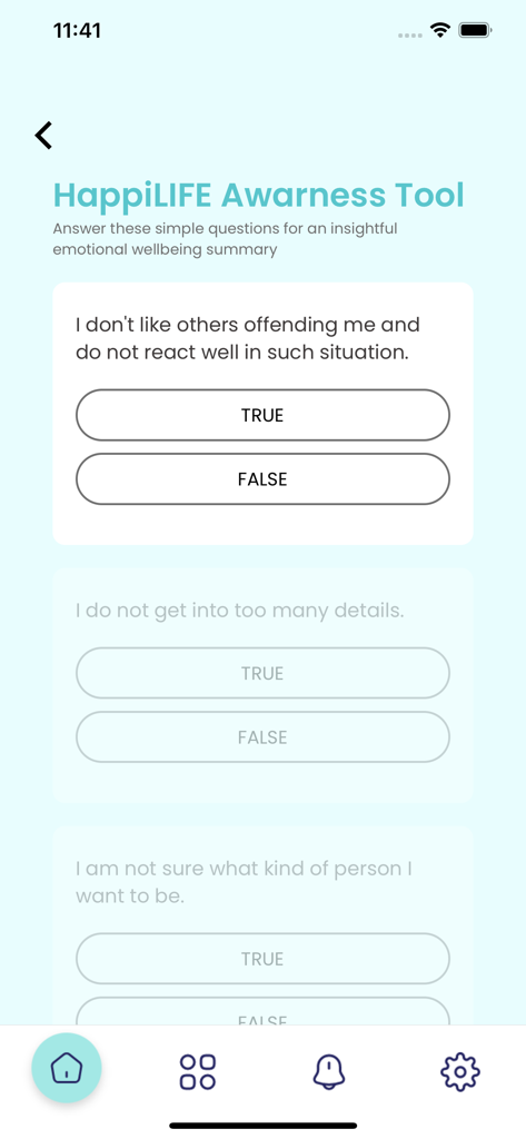 HappiMynd-Emotional Self Help - Interfaz de la aplicación HappiMynd para la evaluación de la herramienta de conciencia HappiLIFE con preguntas de verdadero o falso
