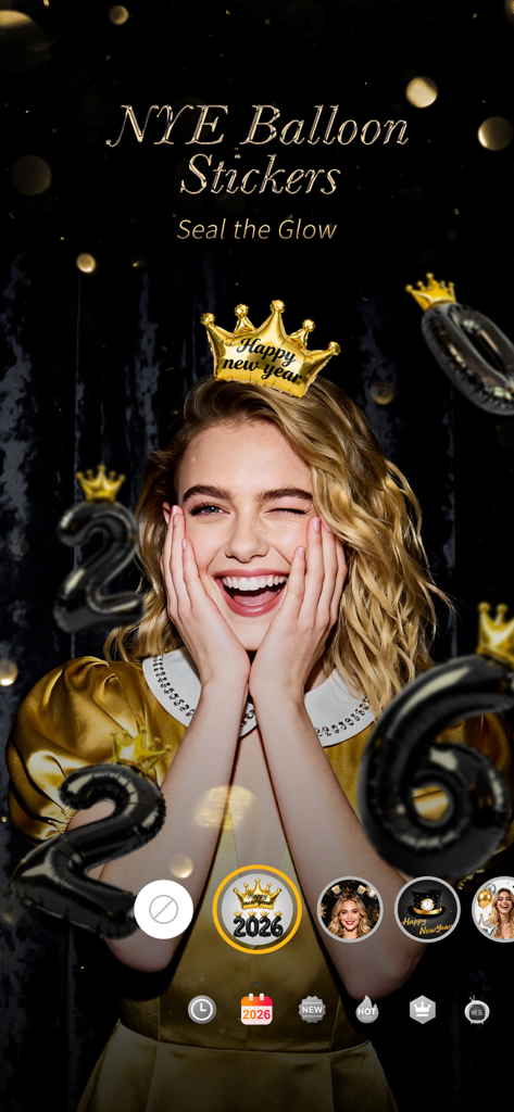 Une femme souriante utilisant des autocollants du réveillon du Nouvel An et un filtre AR de couronne dorée dans l'application d'édition de selfies Camera360.