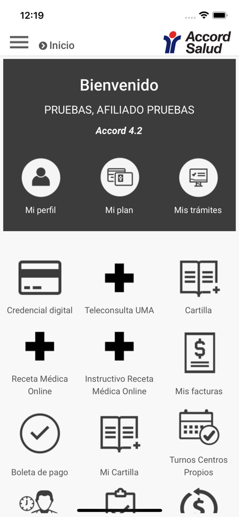 Accord salud - Panel de la app móvil Accord Salud con opciones de credencial digital de seguro médico