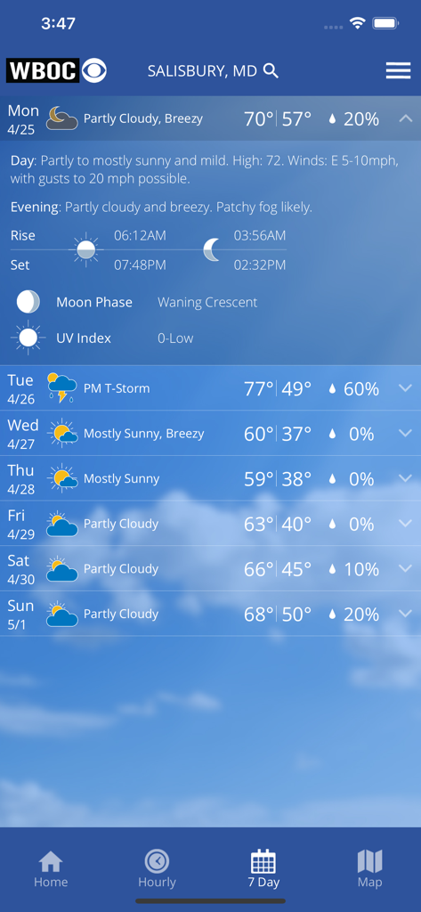WBOC Weather app screenshot showing a seven day forecast for Salisbury Maryland with daily temperatures and conditions