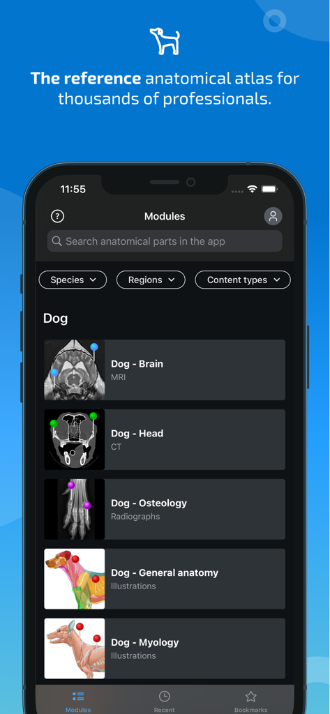 IMAIOS vet-Anatomy - IMAIOS vet-Anatomy app interface showing anatomical modules for dogs including MRI and CT scan options