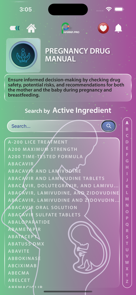 Pregnancy Drug Manual search interface in the Pharma Pro app