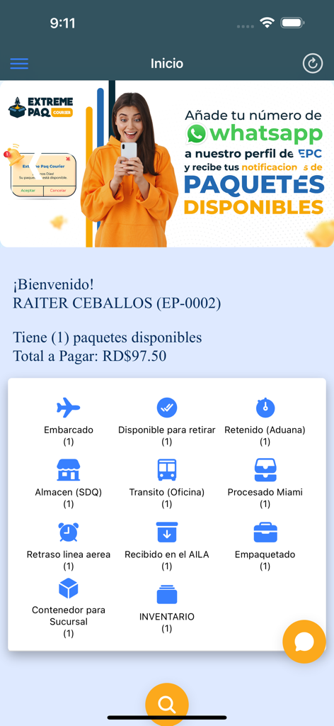 Extreme Paq - Home screen of the Extreme Paq app showing real-time tracking statuses for packages including customs and warehouse updates in Spanish