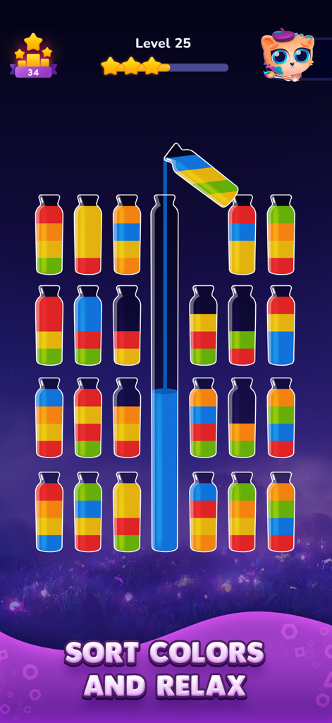 Water Sort Puzzle: Get Color - A gameplay screen from Water Sort Puzzle showing colored liquids being sorted into various flasks for relaxation.