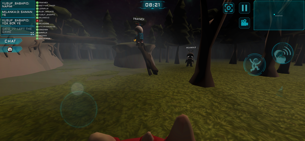 Multiplayer gameplay of Imposter 3D online horror featuring astronauts in a dark forest map with on-screen controls and chat