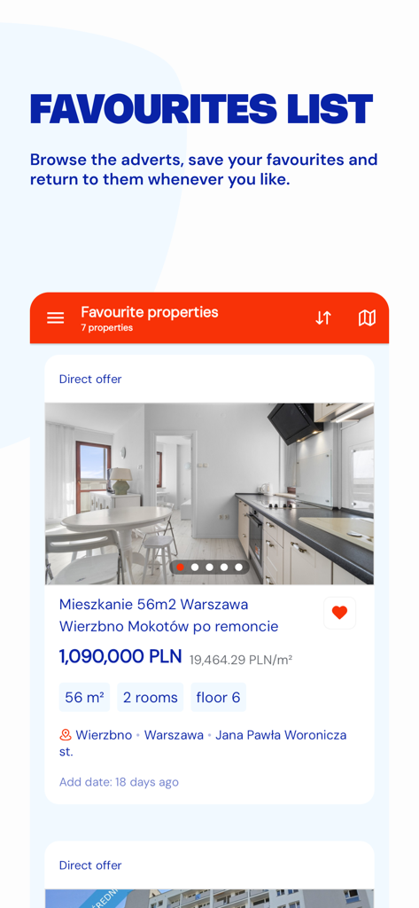 Gratka - Gratka app interface showing a list of saved favorite property listings in Poland