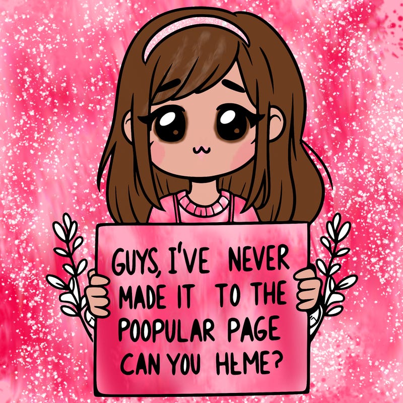 a girl holding up a sign that says, guys, i’ve never made it to the popular page, can you help me?