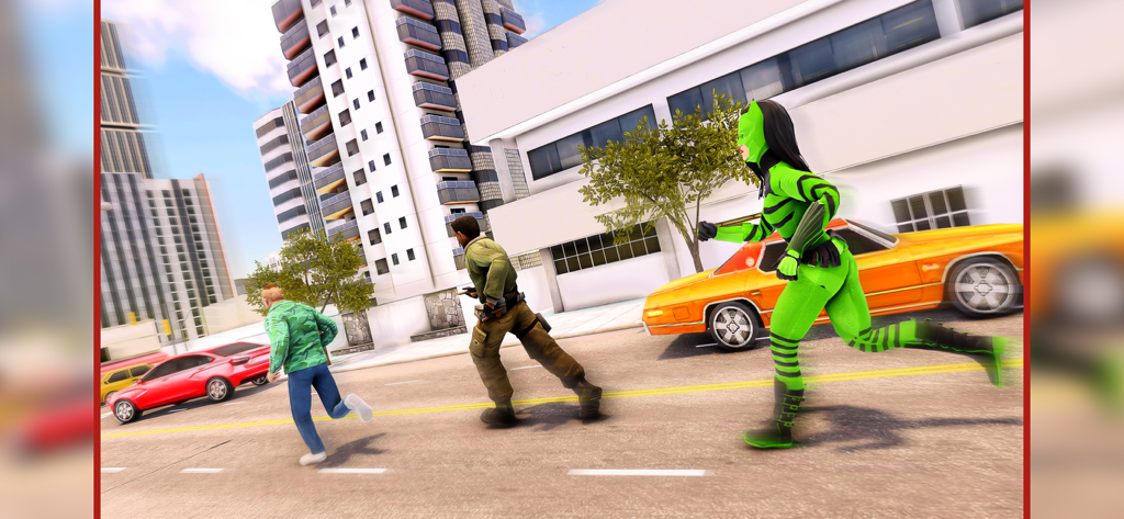 Superhero Fight:Mad City Story - A green superhero character running at high speed through a city street with motion blur effects.