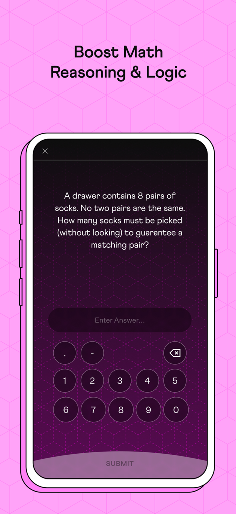 A math logic puzzle on a smartphone screen asking a question about matching pairs of socks to boost reasoning skills.