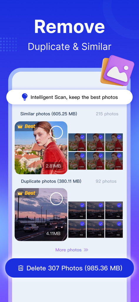 GoCleaner: Boost Phone Storage - Interface of GoCleaner app showing how to remove duplicate and similar photos to free up phone storage