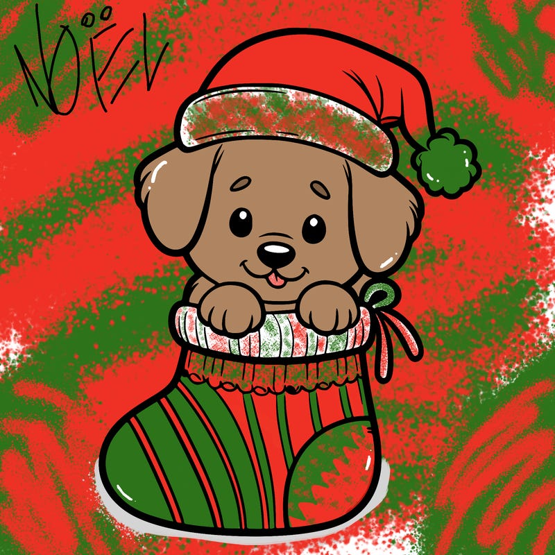 cute puppy wearing santa hat in socking