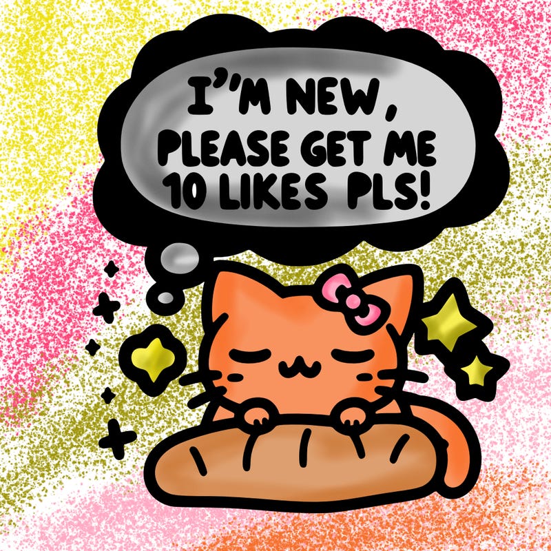 kitty taking a nap dream talking and saying "i'm new, please get me at least 10 likes pls!!"