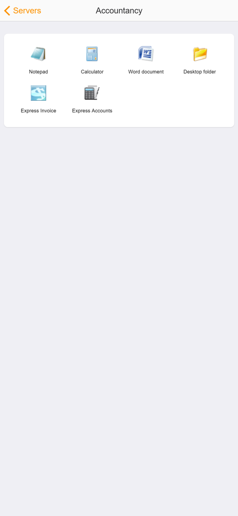 Pantalla de la aplicación TSplus Remote Desktop que muestra aplicaciones de contabilidad disponibles como Express Invoice y Word