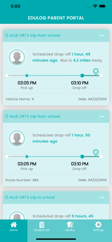 Edulog Parent Portal - Edulog Parent Portal app home screen displaying real-time school bus tracking and scheduled trip times
