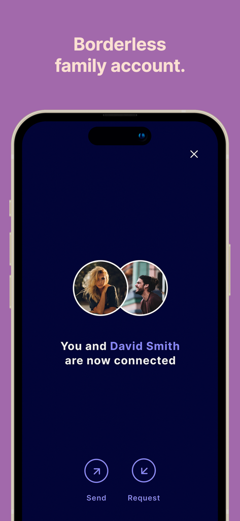 OneFor Money App - OneFor Money App interface showing a connected borderless family account between two users with send and request money options.