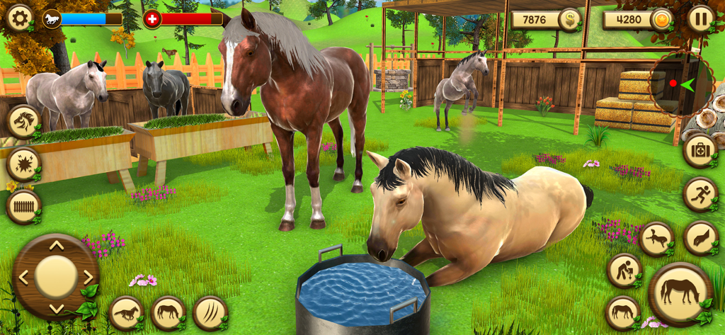 Wild Horses Game: Horse Sim 3D - Horses drinking water and eating in a virtual 3D farm environment with game UI elements.