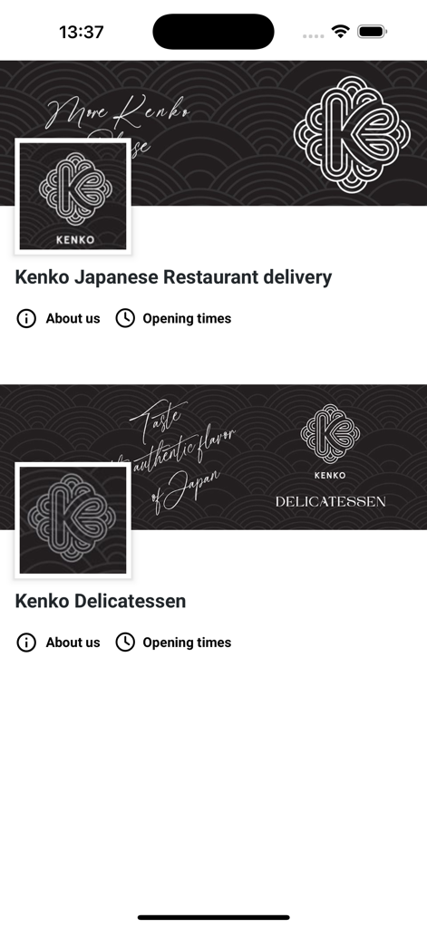 Kenko Food & Deli - Mobile app screen showing options for Kenko Japanese Restaurant delivery and Kenko Delicatessen.