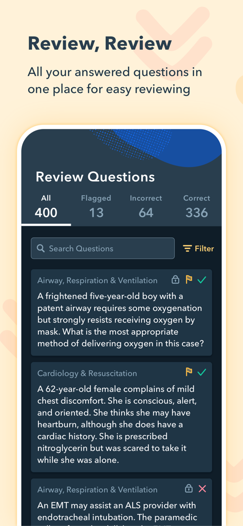 Pocket Prep EMS 2026 - A mobile app interface showing a list of reviewed EMS practice questions categorized by correct incorrect and flagged answers.