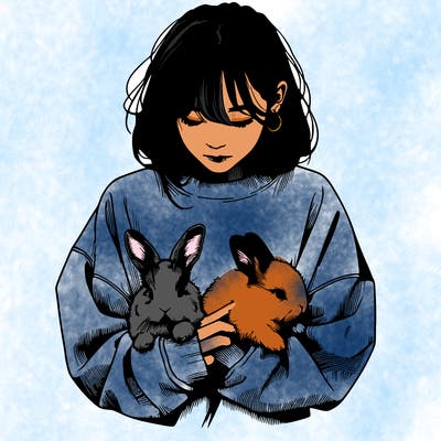 realistic girl with messy bunny baggy sweatshirt and holding bunnies