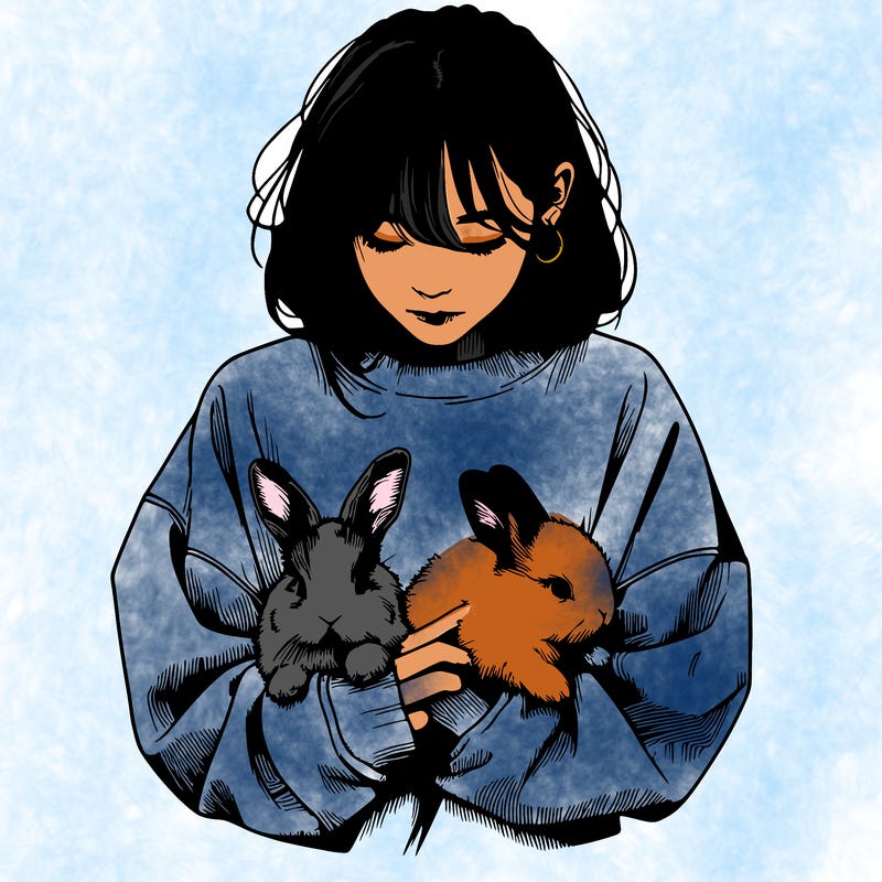 realistic girl with messy bunny baggy sweatshirt and holding bunnies