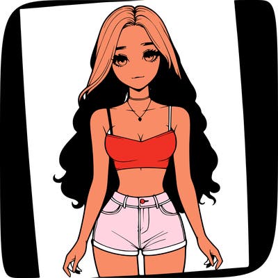 a realistic girl with long hair and in a crop top and shprts
