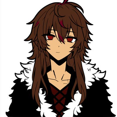 anime guy, long white hair, a red fluffy shirt