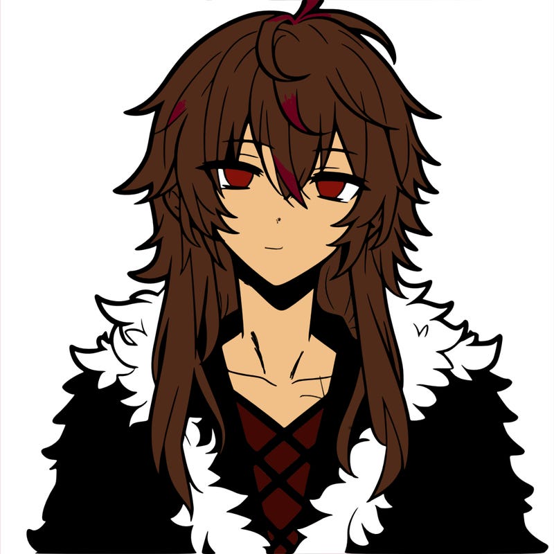 anime guy, long white hair, a red fluffy shirt