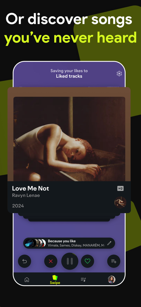 Swipefy: Find Music on Spotify - Swipefy app interface featuring a song card for music discovery with like and dislike buttons