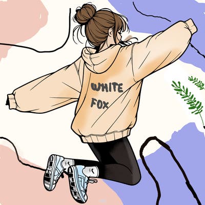 realistic girl jumping with a bun and oversized sweatshirt