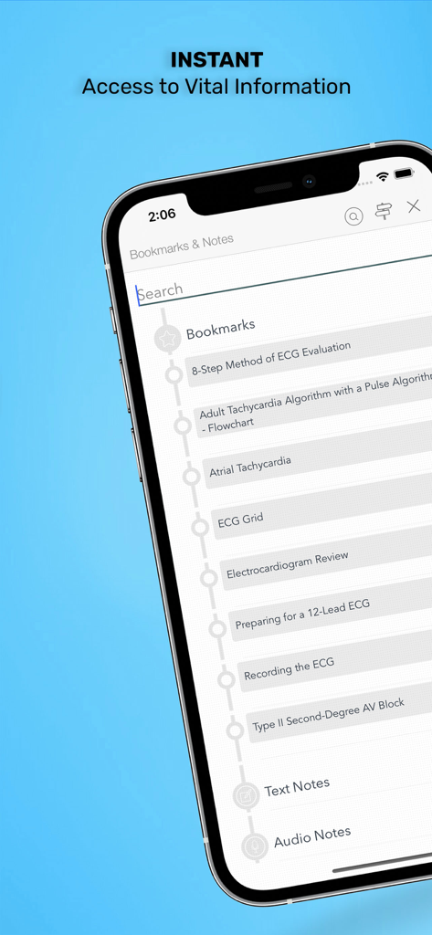 ECG Interpretation: Pkt Guide - ECG Interpretation app bookmarks screen showing clinical guidelines and search feature
