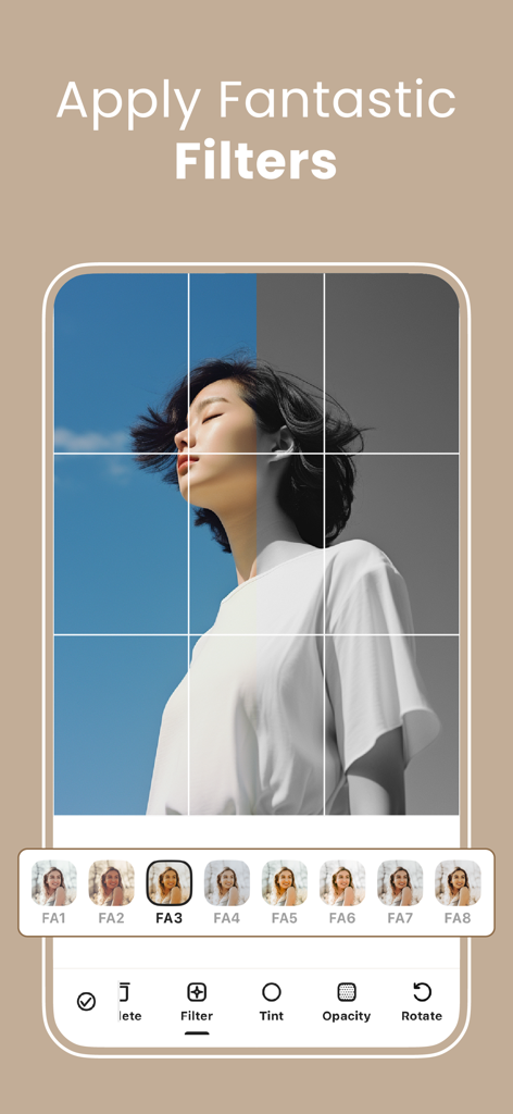 Interfaz de la aplicación PuzzleStar que muestra una cuadrícula de fotos de 3x3 con múltiples opciones de filtros para publicaciones de Instagram.