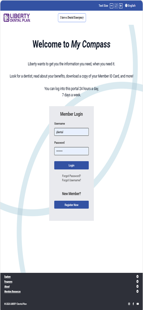 LIBERTY Dental My Compass member login screen with fields for username and password