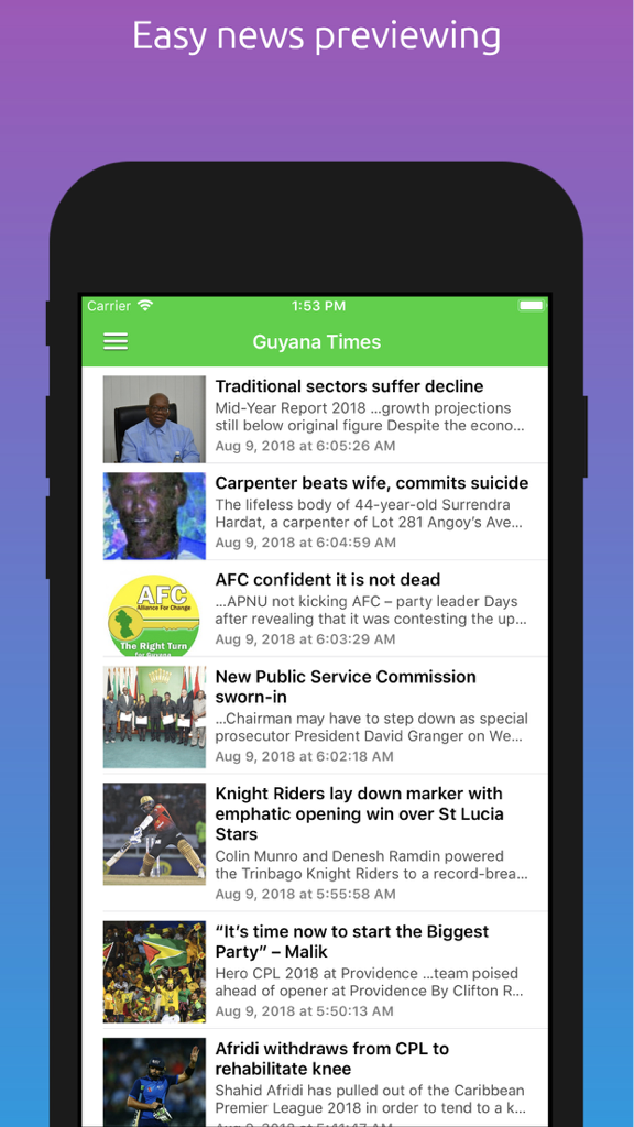 Guyana News by GP - Aplicación móvil Guyana News by GP que muestra un feed de noticias de Guyana Times