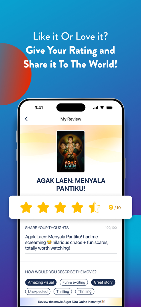 TIX ID - Una pantalla de aplicación móvil para TIX ID que muestra una interfaz de reseña y calificación de películas donde los usuarios pueden ganar monedas por compartir sus opiniones.